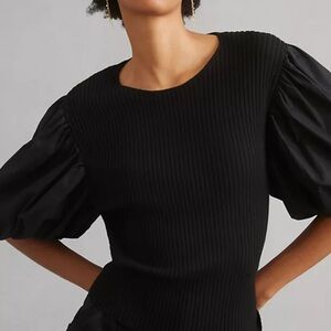 En Saison Puff Sleeve Sweater Top Black Ribbed Anthropologie Size Small EUC